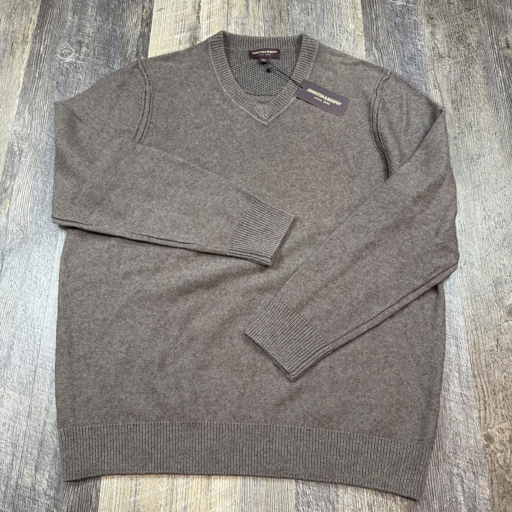 Johnston & Murphy Men's Large V Neck Sweater Oatmeal Brown Wool Blend Knit NWT